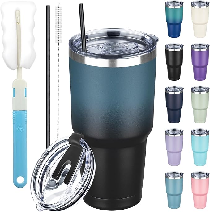 30 oz Tumbler with Lids and Straws, Stainless Steel Insulated Coffee Tumbler by GUDEMAO