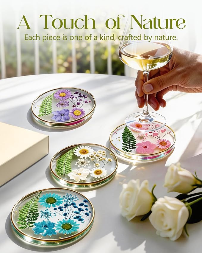 Oqplog Resin Drink Coasters for Desk Coffee Table-Cute Dried Flowers Round - Image 3