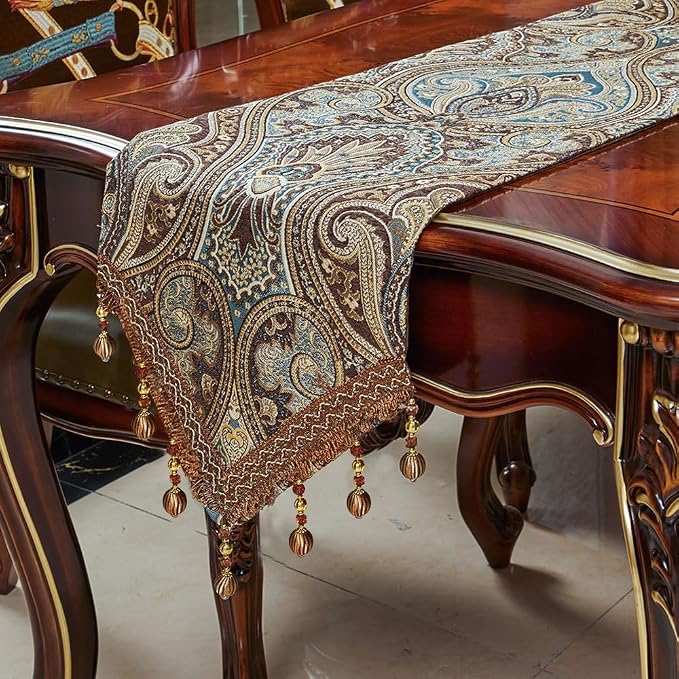 Luxury Vintage Design Table Runner 90 inches Long Embroidery Jacquard Fabric by LUFEIJIASHI