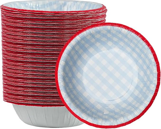 50 Pcs Small Paper Bowls, 8 oz Disposable Gingham Bowls, Soak Proof, Cut Proof, Microwave Safe Compostable Checkered Bowl for Ice Cream, Snack, Buffalo Plaid Birthday Party Supplies (Blue)
