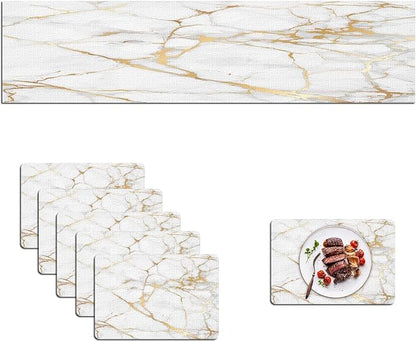 Mcalk Luxury Gold Marble Table Runner and Placemats Set of 6 Pieces, Gold Marble Placemats, Modern Cloth Place Mats Indoor for Kitchen,Washable Linen Material for Dining Table