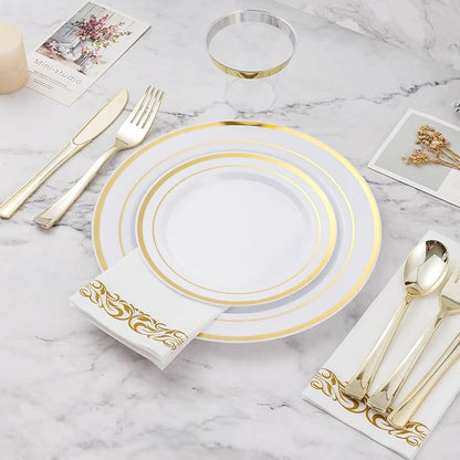 BESTVIP 350 PCS Gold Dinnerware Set for 50 Guests, Plastic Dinnerware Set for Party, Wedding, Christmas, Include: 100 Plastic Plates, 50 Gold Silverware, 50 Cups, 50 Paper Napkins