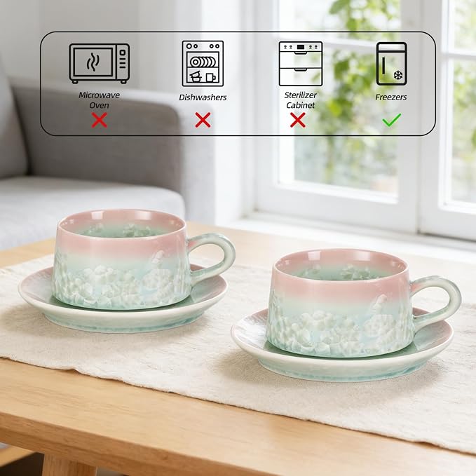 KAMMAK Tea Cups and Saucers Set of 2, 7.7 oz Glaze Coffee Mugs, JX001 | - Image 5