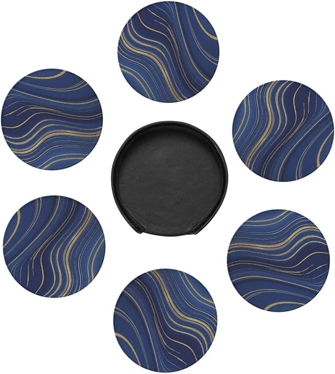 6 Pcs Abstract Geometric Navy Blue Marble Gold Stripes Leather Coasters - Image 7