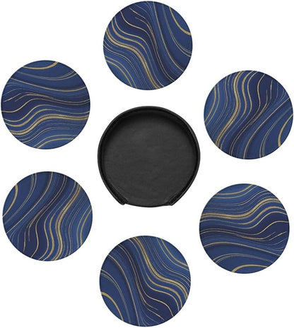 6 Pcs Abstract Geometric Navy Blue Marble Gold Stripes Leather Coasters - Image 7