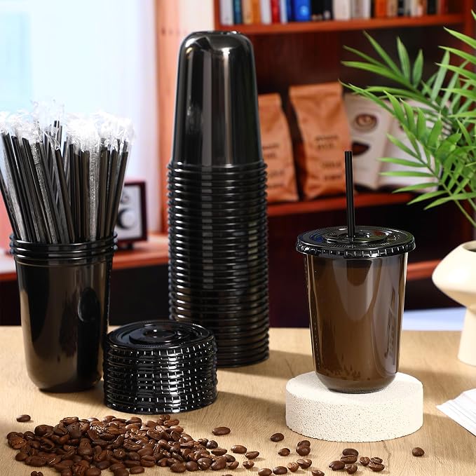 Ziliny 50 Sets 16 oz Black Plastic Cups - Image 2