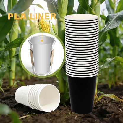 100 Pack 12 oz Disposable Coffee Cups with Lids and Sleeves, Leak-Proof To Go Coffee Cups, PLA Black Paper Coffee Cups for Hot Beverage