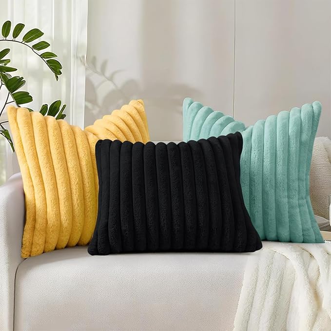 decorUhome Cozy Faux Fur Throw Pillow Covers 24x24 Set of 2 Decorative Soft Plush Striped Modern Farmhouse Boho Couch Euro Sham Pillow Cases with Velvet Back for Sofa Bed Living Room, Aqua