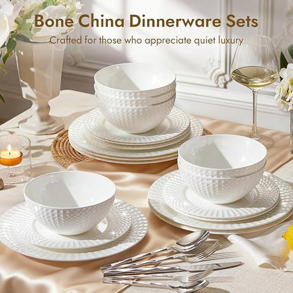 18Pc Rhombus Edge White Bone China Set, Service - Image 4