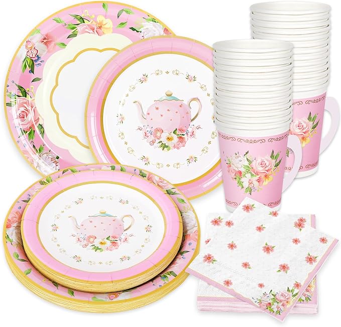 Whaline Pink Tea Party Tableware Supplies Serves 24 Pink Floral Tea Party by Whaline