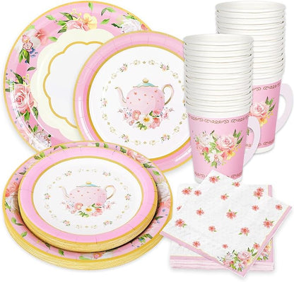 Whaline Pink Tea Party Tableware Supplies Serves 24 Pink Floral Tea Party by Whaline
