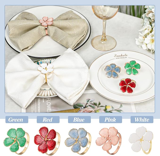 Lewondr Napkin Rings 6 Pack Flower Napkin Holders Dinner Tables Rings Blue | - Image 2