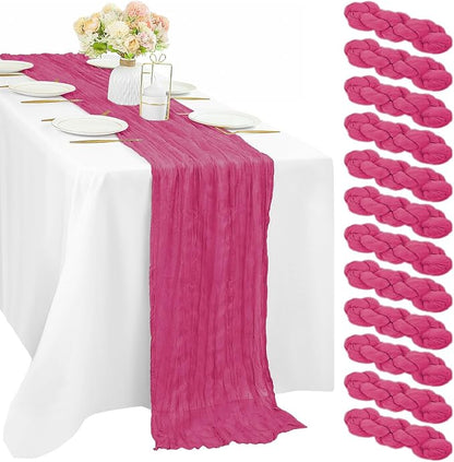 12 Pieces Hot Pink Cheesecloth Table Runners 10FT Gauze Fabric Runner by Sunnyline