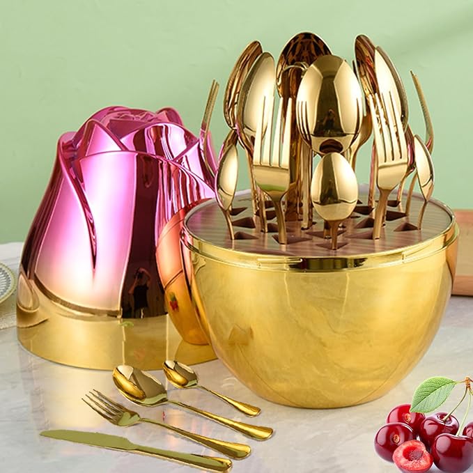 24pcs Stainless Steel Flatware Set, Rose Shape Cutlery Set, Mirror Polished by Unknown