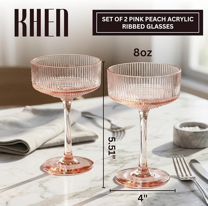 Khen Pink Peach Acrylic Ribbed Coupe Martini Champagne Cocktail Glasses - Image 2