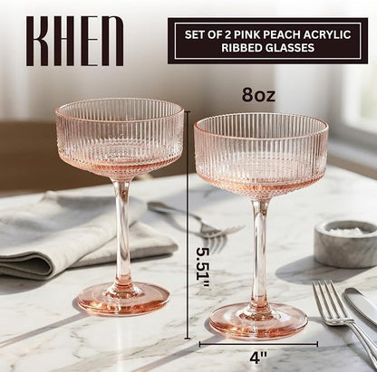 Khen Pink Peach Acrylic Ribbed Coupe Martini Champagne Cocktail Glasses - Image 2