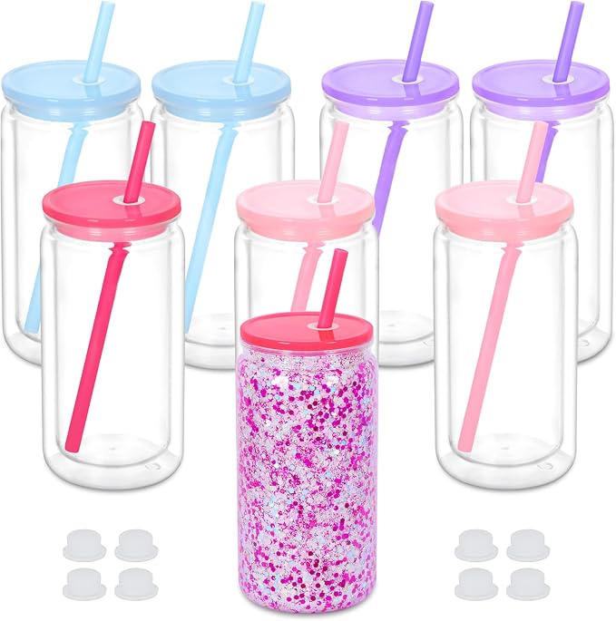 16 Oz Plastic Snowglobe Tumbler, 8 Pack Pre-Drilled Double Wall Plastic Clear by Maucircol