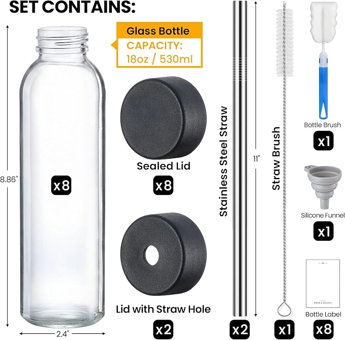 8 Pack 18 oz Glass Juice Bottles - Image 2