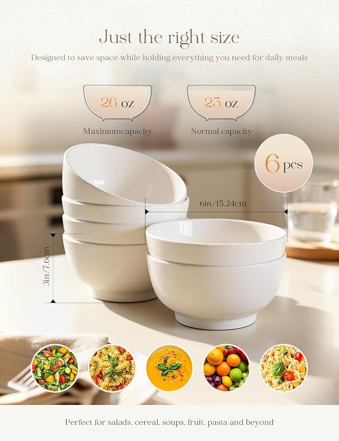 Porcelain Soup Bowls Set of 6, 26 oz Deep Cereal Bowls - Image 3