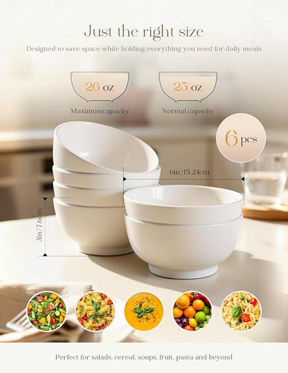 Porcelain Soup Bowls Set of 6, 26 oz Deep Cereal Bowls - Image 3