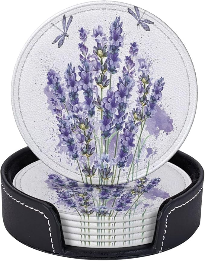 6 Pcs Lavender Flower Purple Floral Dragonfly Leather Coasters by Jfniub