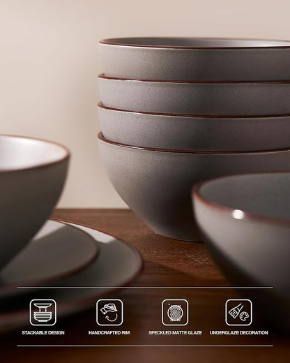 Famiware Venus Speckled Dinnerware Set with Pasta Bowls, Service for 4 (16 Pieces), Stoneware Plates and Double Bowls Sets, Microwave & Dishwasher-Safe Dishes with Trim, Matte Dark Grey