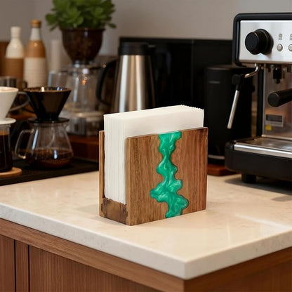 Glow in The Dark Napkin Holder, Acacia Wood & Fluorescent Green Epoxy Resin - Image 5
