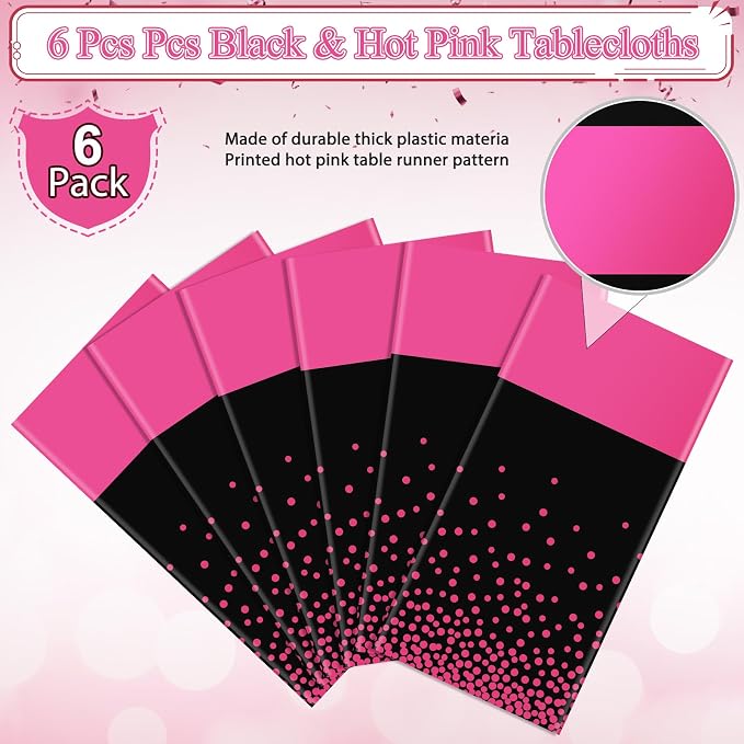 6Pcs Black Hot Pink Tablecloth Party Decorations, Plastic Black Table Cloth - Image 4