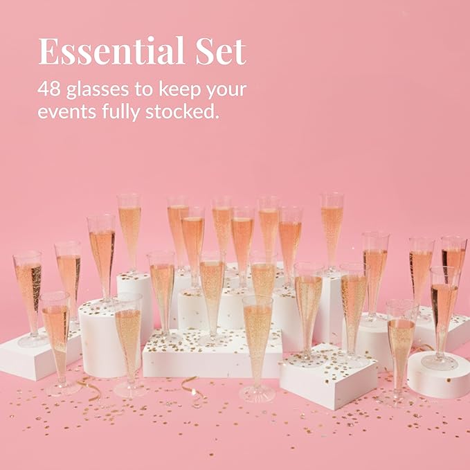 Prestee 48 Pack Champagne Flutes Plastic Disposable - Gold Glitter Flute Glasses for Champagne, Mimosa Bar, New Year's Eve 2025 Party Supplies, Wedding, Shower, Event - 4.5 oz Fairy Stemware