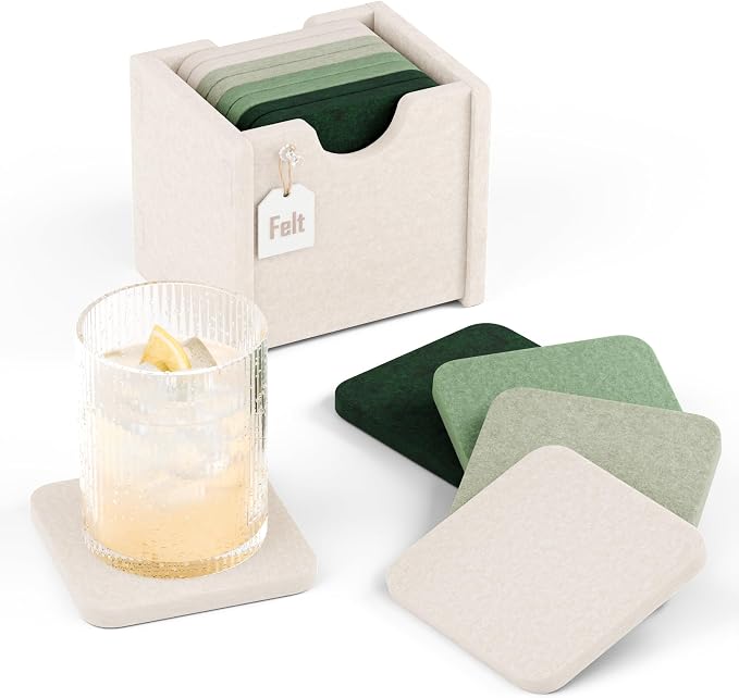 Fluxynara Felt Coasters with Holder, Sagewood | Square Felt Coasters, by FLUXYNARA