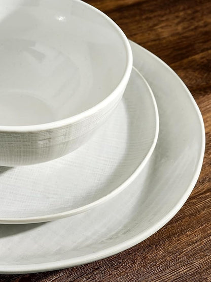 Famiware Moonlight Plates and Bowls Sets, 24 Pieces Stoneware Dinnerware Sets with Linen Finish, Dishware set for 8, Microwave and Dishwasher Safe, Chip and Scratch Resistant, White