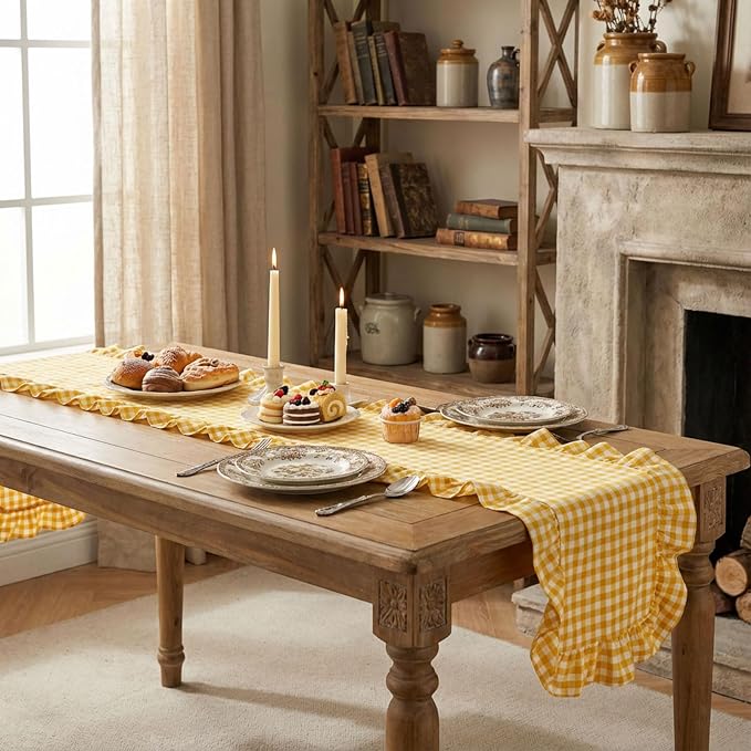 HunnmingRe 1 Pc Gingham Table Runner Yellow, 72 X 13.8 Inch | Cotton Dresser - Image 6