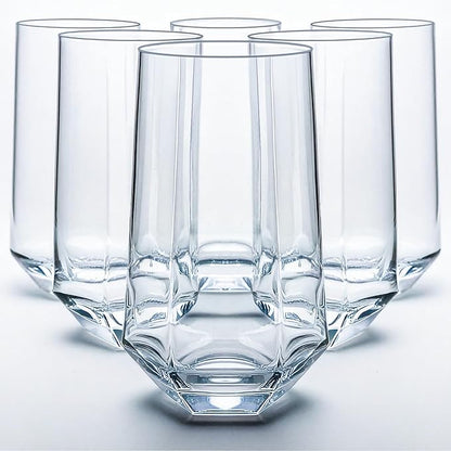 Crystal Beverage Glasses- Set of 6- Hexagon Design – 16oz Beer Tumbler & Highball Glass | Modern Tall Drinking Glass for Beer, Cocktails, Iced Tea, Cold Drinks & Everyday Use