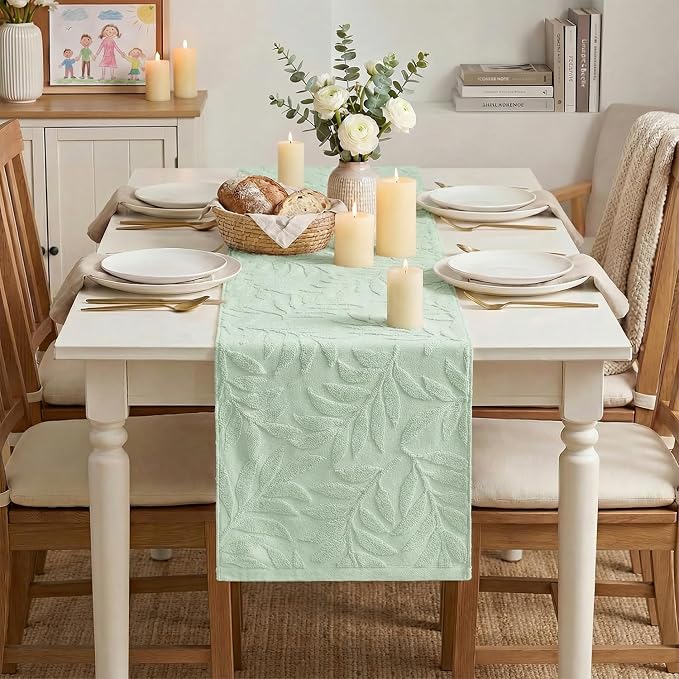 Artoid Mode Sage Green Soft 3D Jacquard Leaves 100%Cotton Spring Table Runner - Image 2