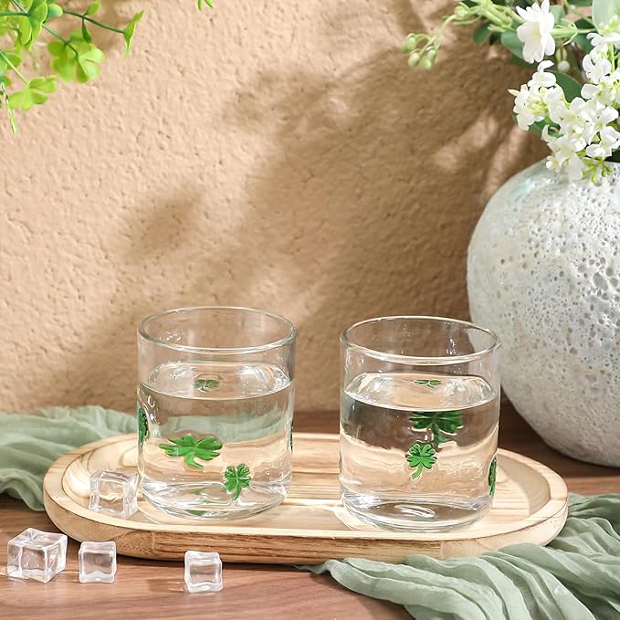 Icon Juice Glasses, 14oz Stemless Wine Drinking Juice Glass Cup for Valentine Party Supplies Gift(2 Pcs,Clover)