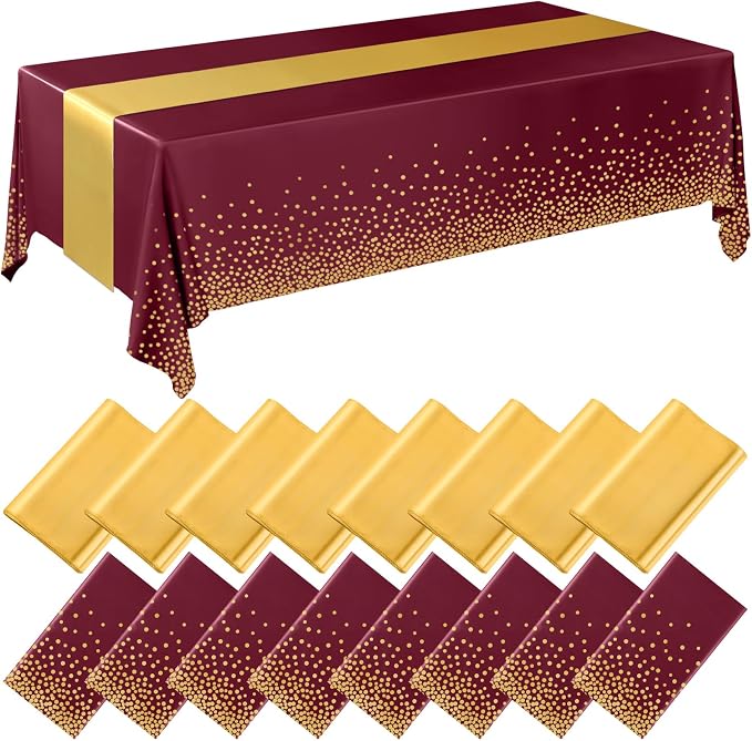 16 Pack Burgundy and Gold Disposable Plastic Tablecloths and Satin Table Runner by Breling