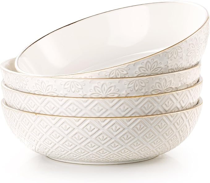 36 oz Pasta Bowl Set of 4 with Embossed Reactive Glaze, 8.5" Arctic white by Dafuceramic