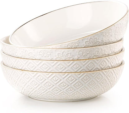 36 oz Pasta Bowl Set of 4 with Embossed Reactive Glaze, 8.5" Arctic white by Dafuceramic