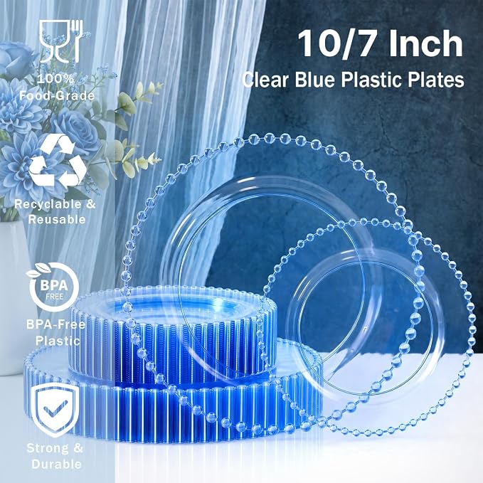 U-QE 60PCS Clear Blue Plastic Plates, Beaded Plates Disposable Heavy Duty | - Image 3