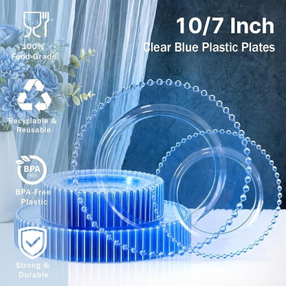U-QE 60PCS Clear Blue Plastic Plates, Beaded Plates Disposable Heavy Duty | - Image 3