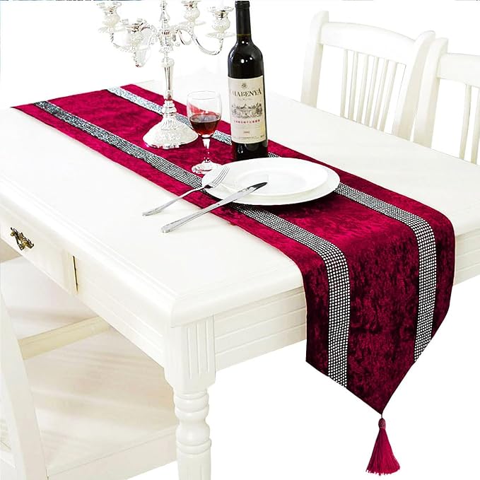 Glam Burgundy Table Runner, Bling Sequin Rhinestone, Ombre Velvet by Jiino
