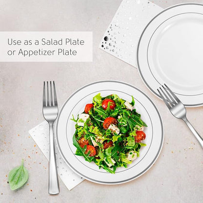 Stylish 7.5 Inch Silver Cake Plates with Disposable Forks and Cocktail Napkins (100 Set) - Small Appetizer Plates - Silver Plastic Dessert Plates - Plastic Cake Plates for Wedding Reception