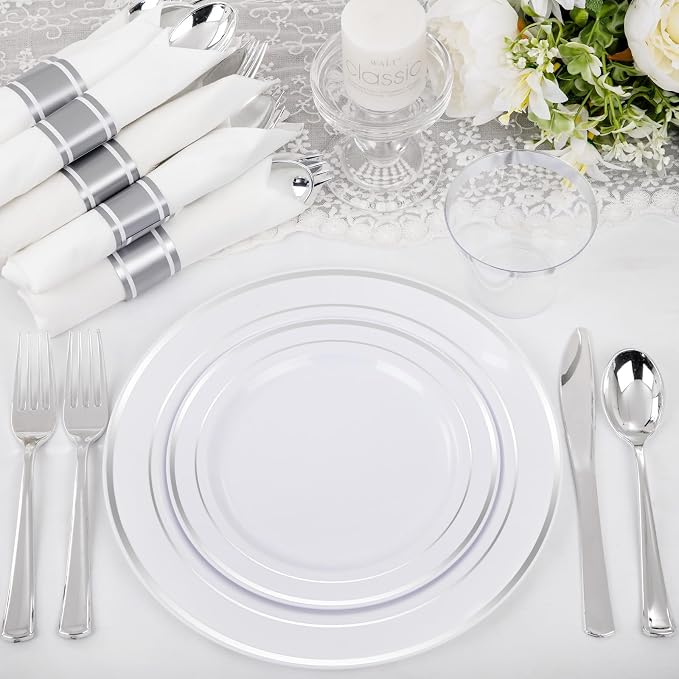 WELLIFE 210 Piece Silver Plastic Dinnerware Set - Image 5