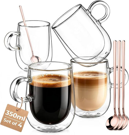 glastal 12 oz Double Walled Glass Coffee Cups Set of 4 Cappuccino Cups by glastal