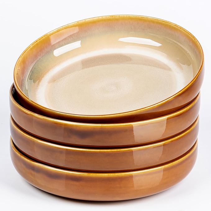 LERATIO 8.5'' Large Ceramic Pasta Bowls, 36oz Pasta Serving Bowls Set of 4 for Kitchen, Wide Bowls for Fruit,Pasta,Salad,Oatmeal,Meal, Microwave Safe, Reactive Glaze-Kahki