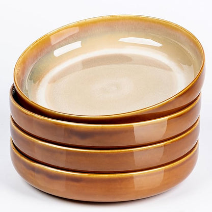 LERATIO 8.5'' Large Ceramic Pasta Bowls, 36oz Pasta Serving Bowls Set of 4 for Kitchen, Wide Bowls for Fruit,Pasta,Salad,Oatmeal,Meal, Microwave Safe, Reactive Glaze-Kahki