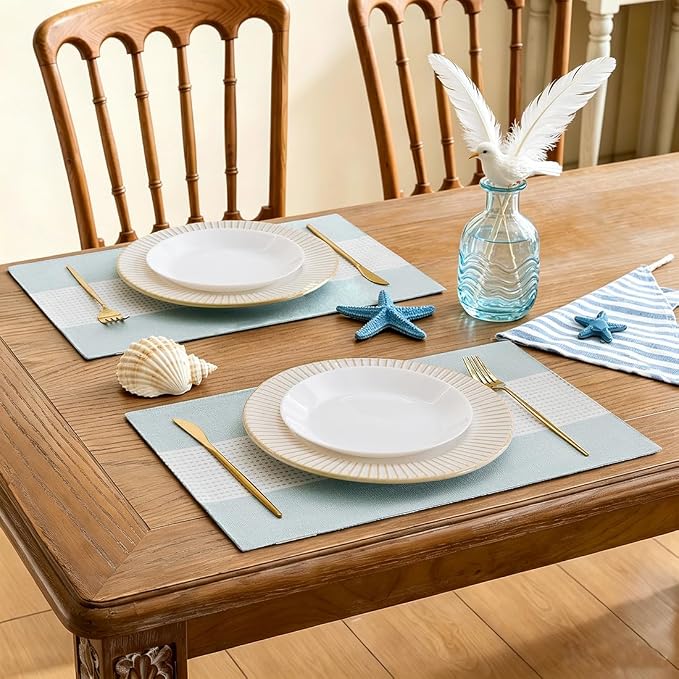 Wracra Linen Placemats Set of 4, Aqua Blue Place Mats - Image 2