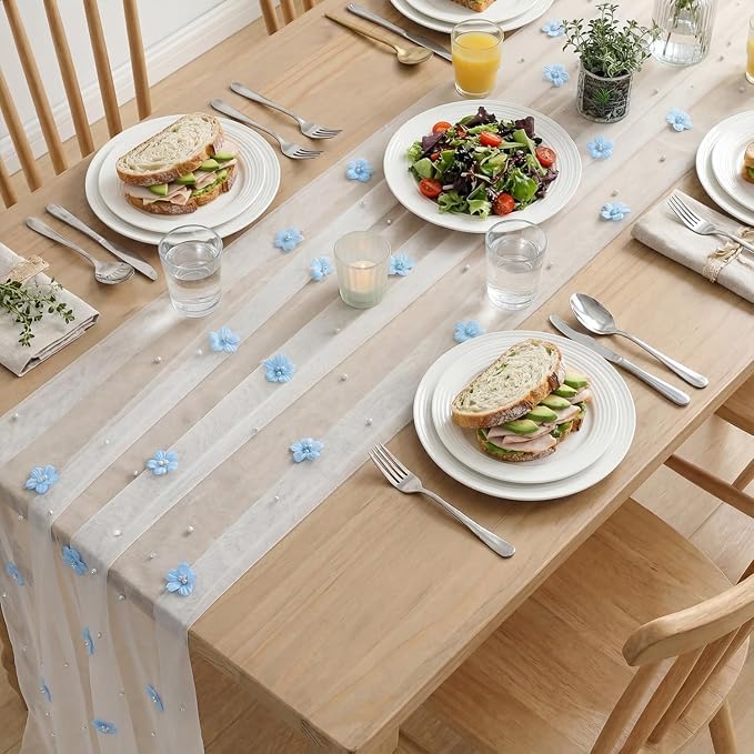 Artoid Mode Blue Flower Pearl White Gauze Table Runner 10FT, Seasonal Sheer - Image 5