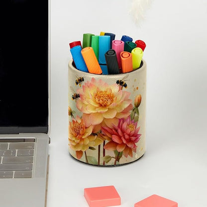 Leather Pen Holder for Desk, Watercolor Floral Pencil Cup Pen Organizer Makeup - Image 5