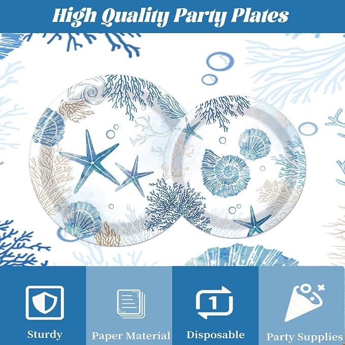 Rakuto Ocean Themed Party Decorations 96PCS Plates Napkins Forks Set | Beach - Image 3